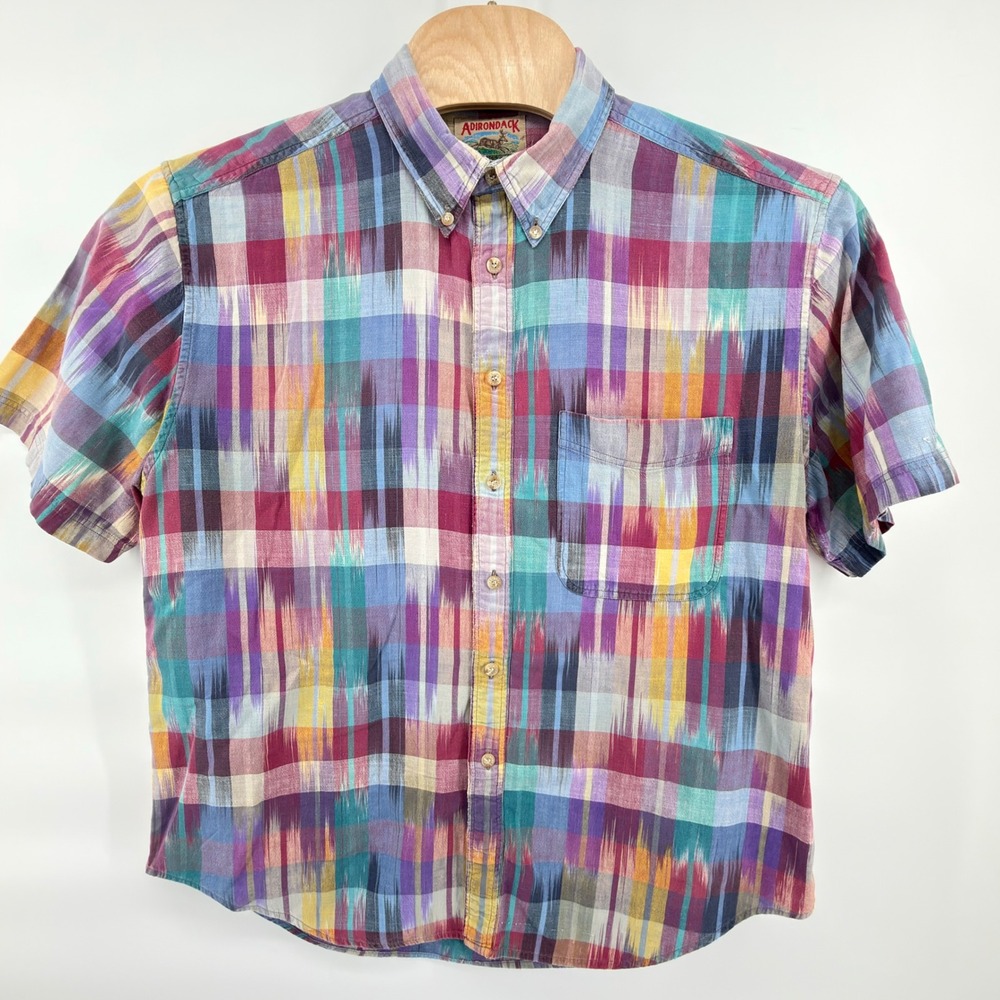 Adirondack Button Down Shirt Mens XL Multi Color Ikat Plaid Short Sleeve Cotton